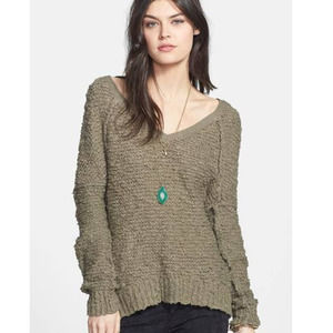 Free People Songbird Tan Boucle Oversized V-Neck Sweater Small Teddy Bear